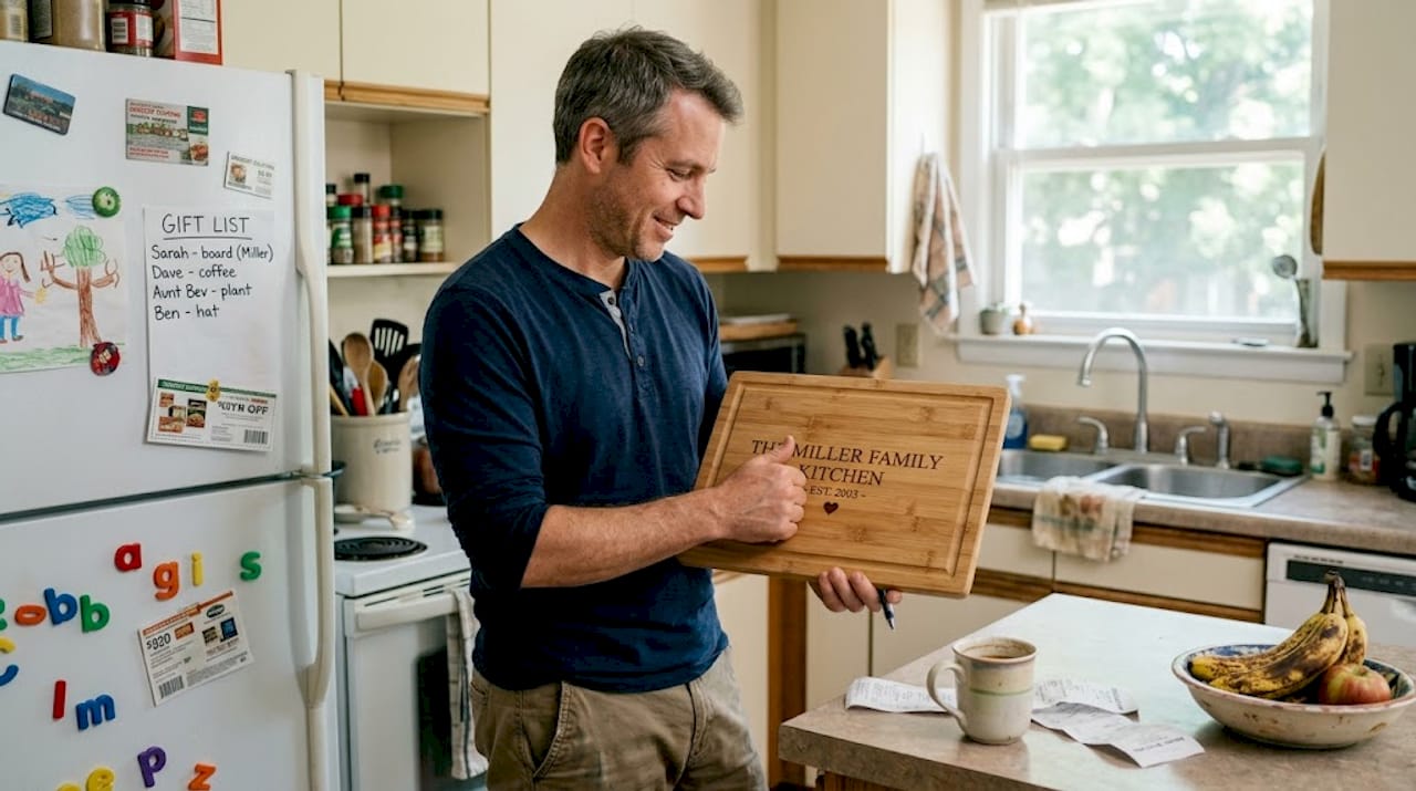 Man reviews personalized kitchen gift details