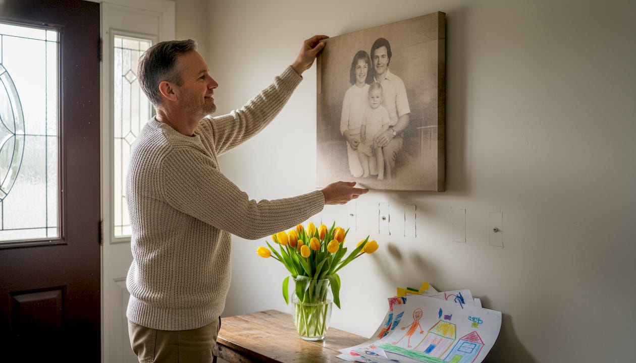 Man arranging heirloom canvas portrait at home