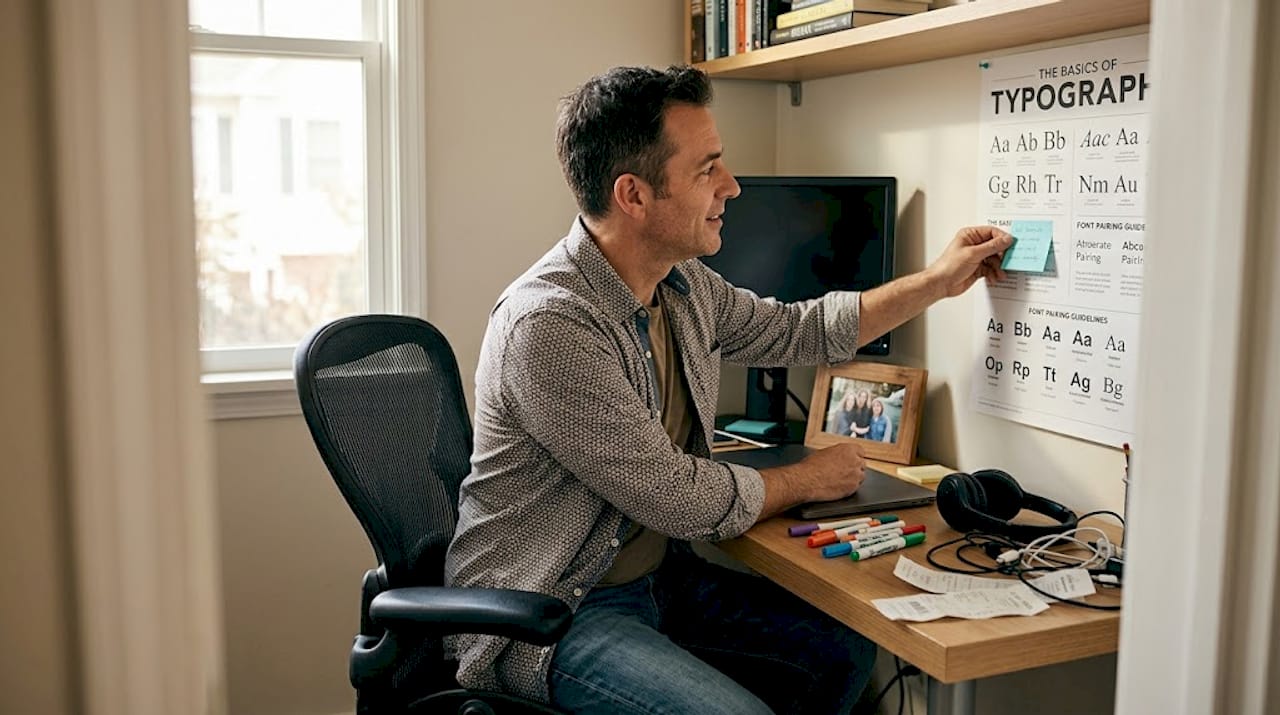 Man studying typography poster layout at desk