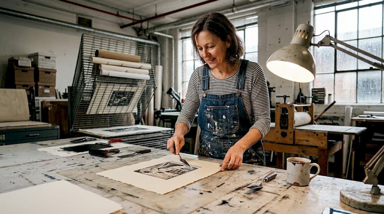 Artist creating bespoke print in studio