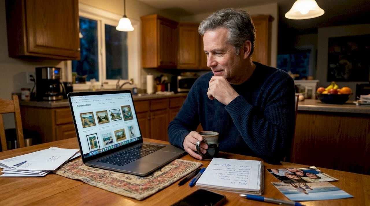 Man planning custom art on kitchen table