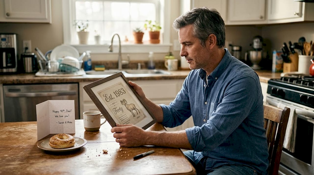 Man examines personalized birthday wall art print