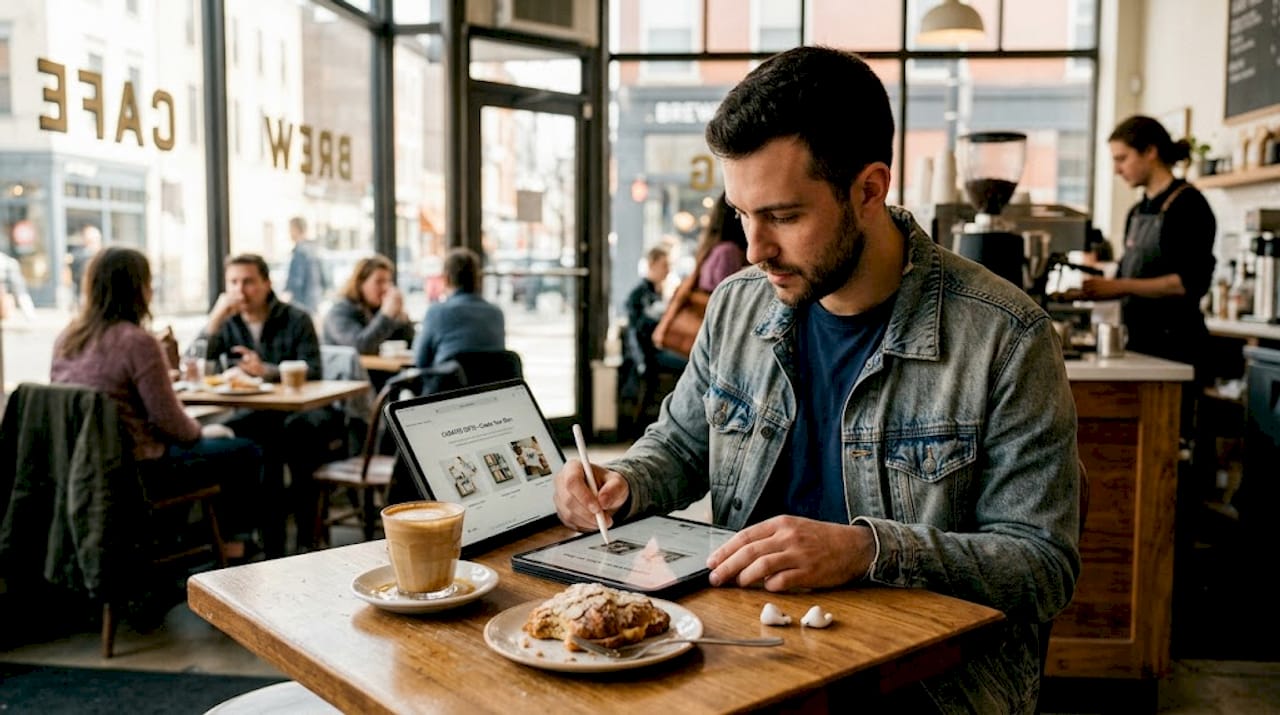 Man choosing personalized gift in café