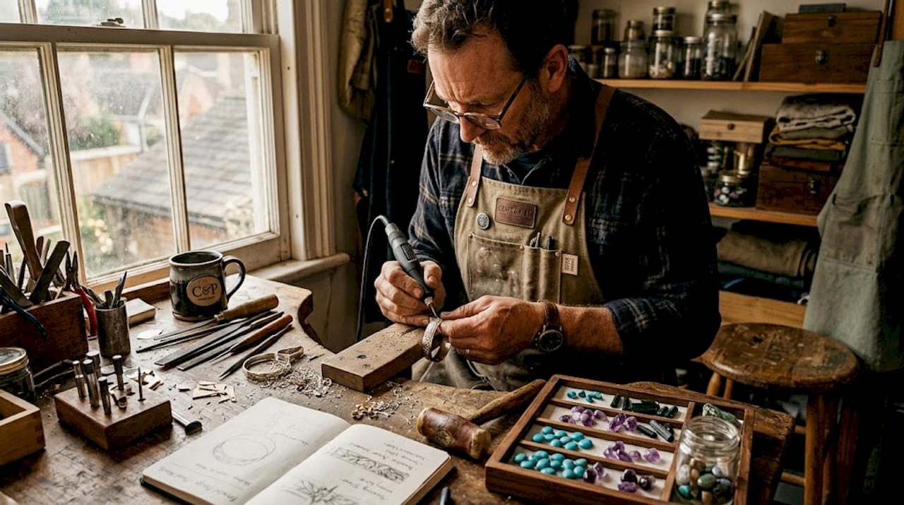 Artisan engraving jewelry in studio