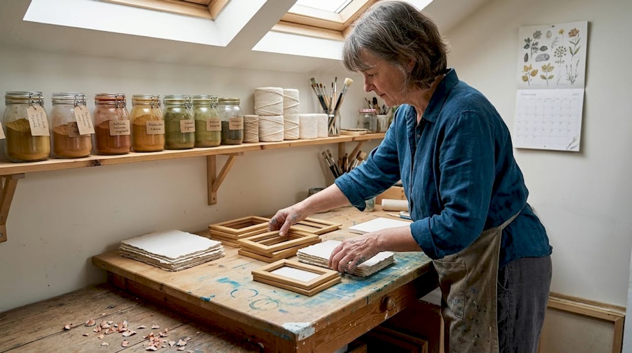 Artist sorting eco-friendly art materials