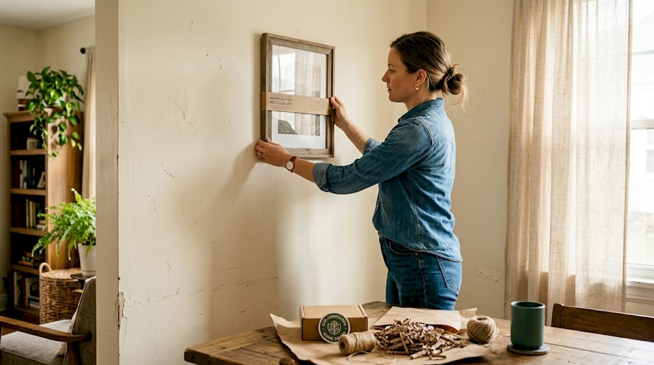 Woman hangs eco-friendly wall art at home