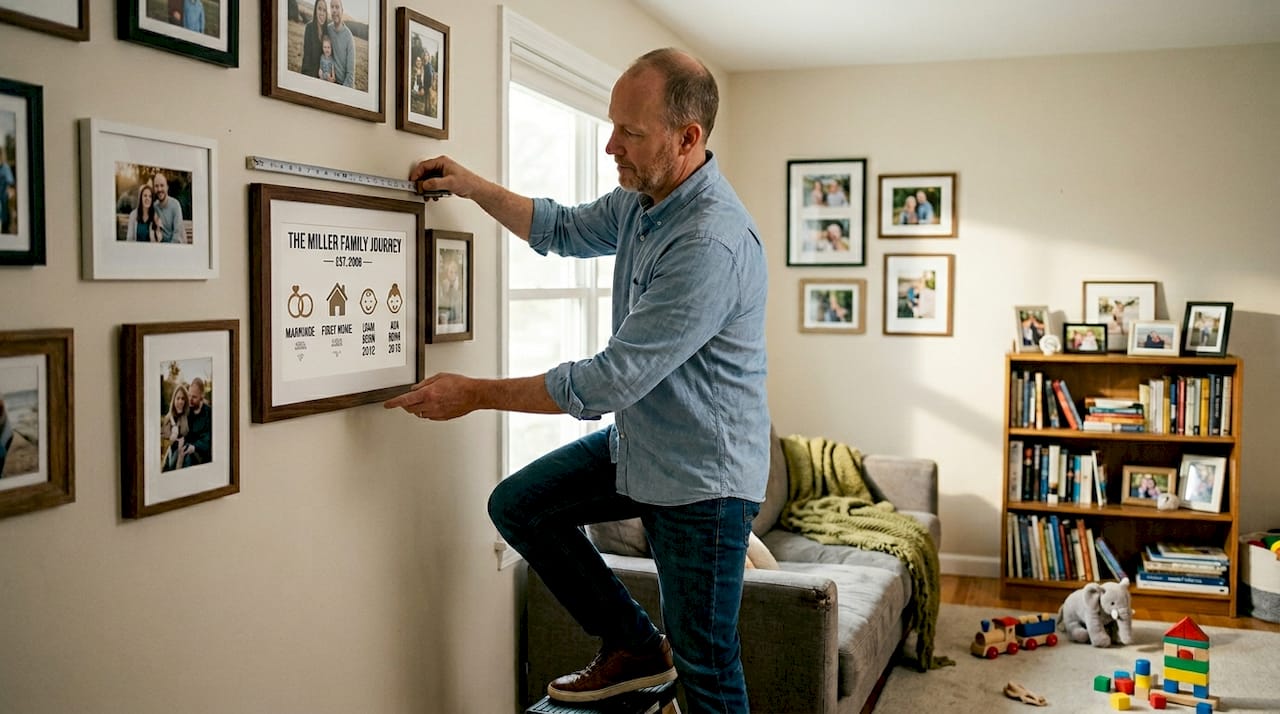 Man hanging milestone print in living room