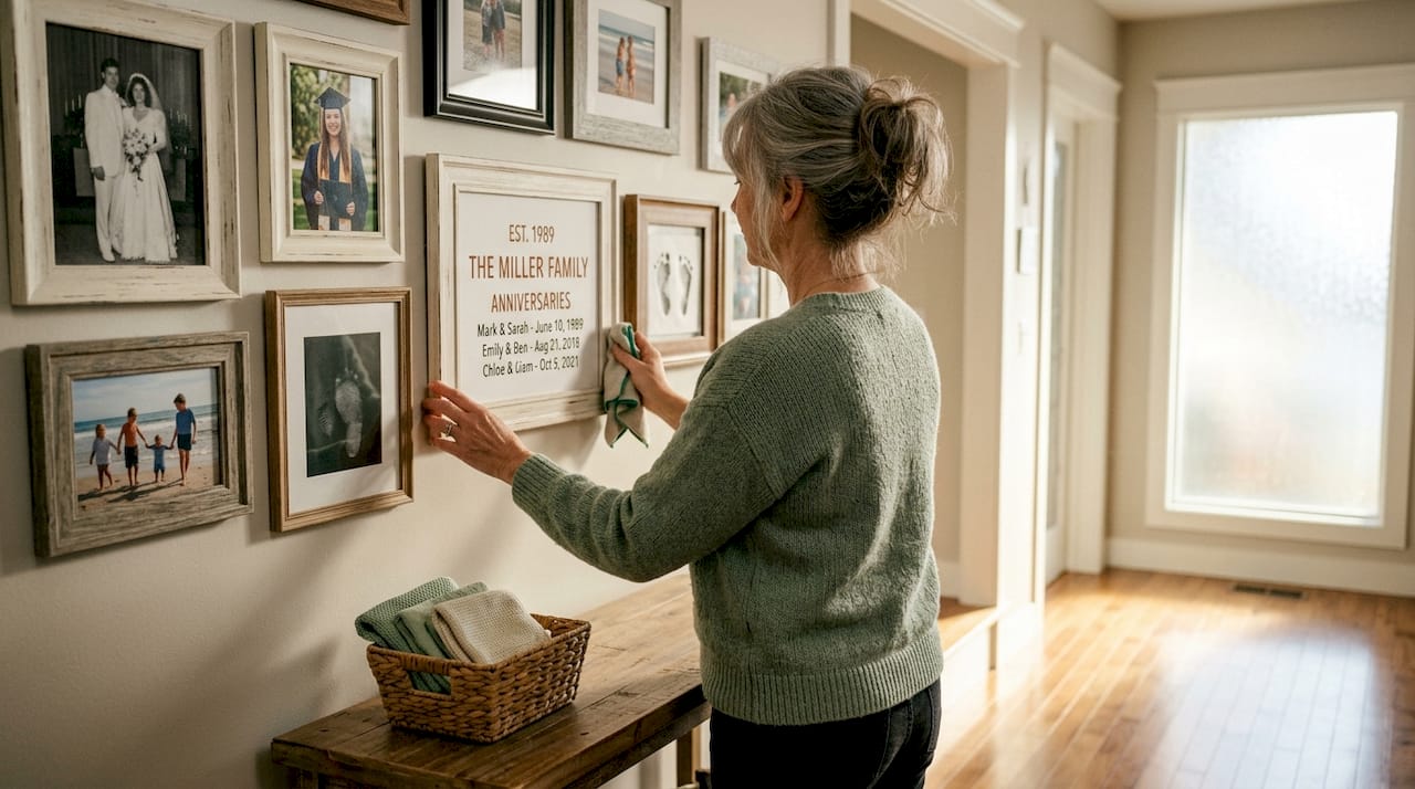Woman adjusting personalized anniversary print