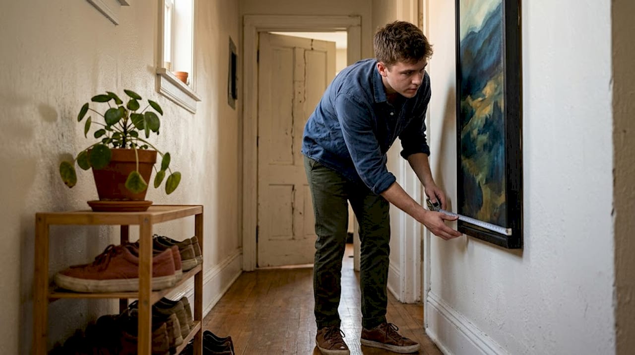 Man hanging vertical art in hallway