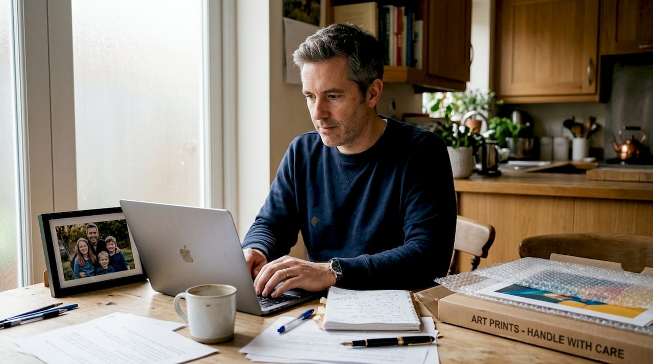 Man ordering custom art gift at kitchen table
