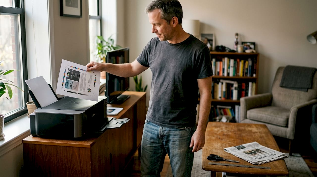Man checks poster test print at home