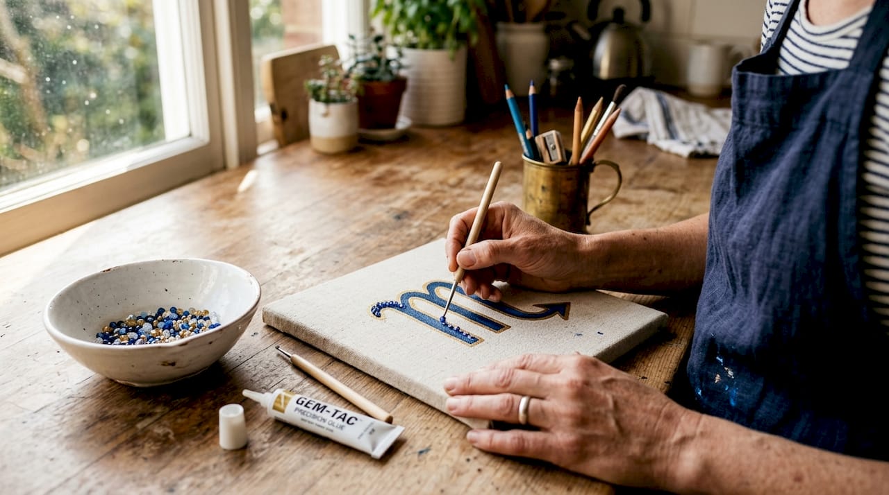 Hands adding beads to zodiac wall art