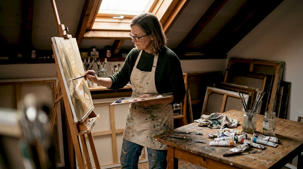 Artist painting on canvas in attic studio