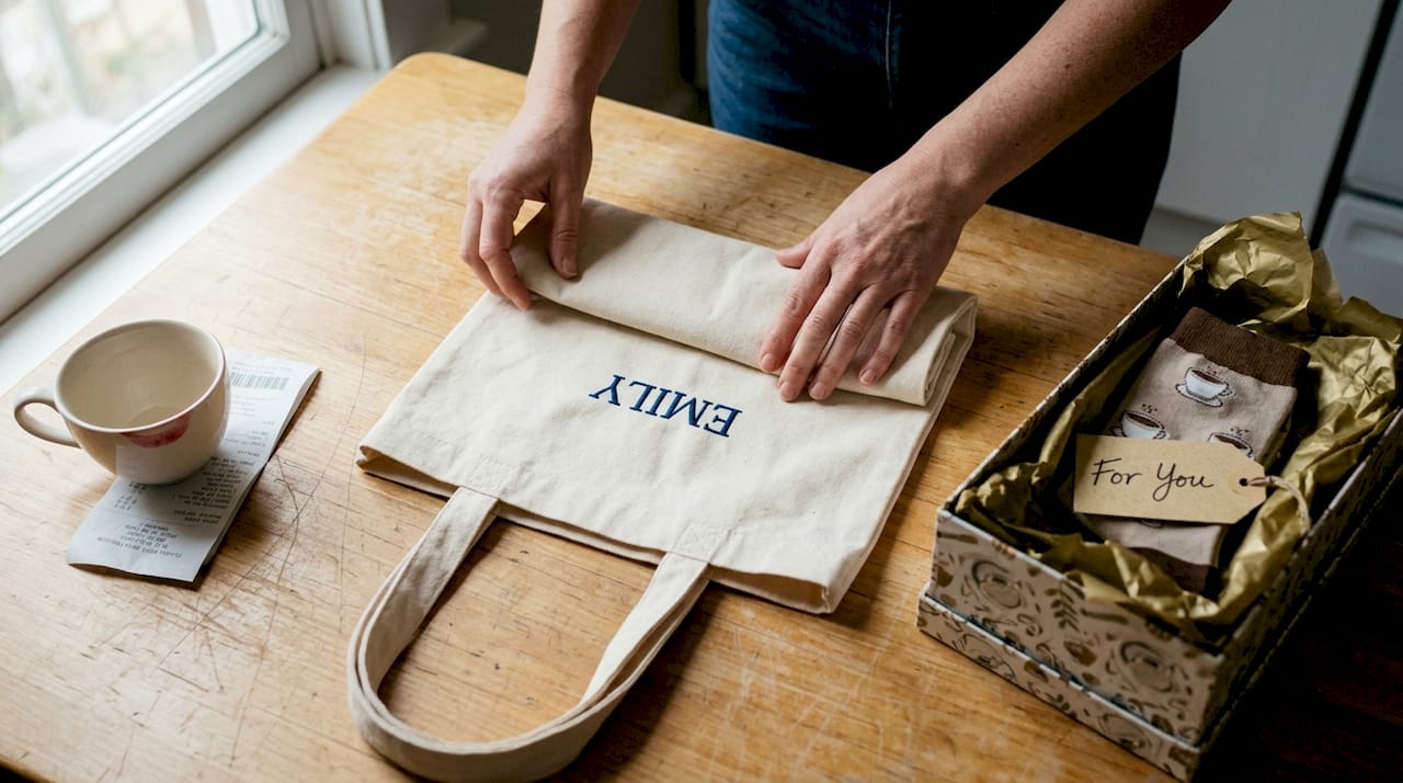 Hands fold personalized embroidered tote gift