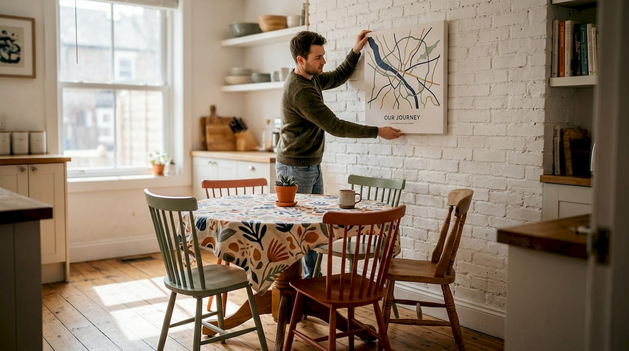Person hanging personalized map print at home