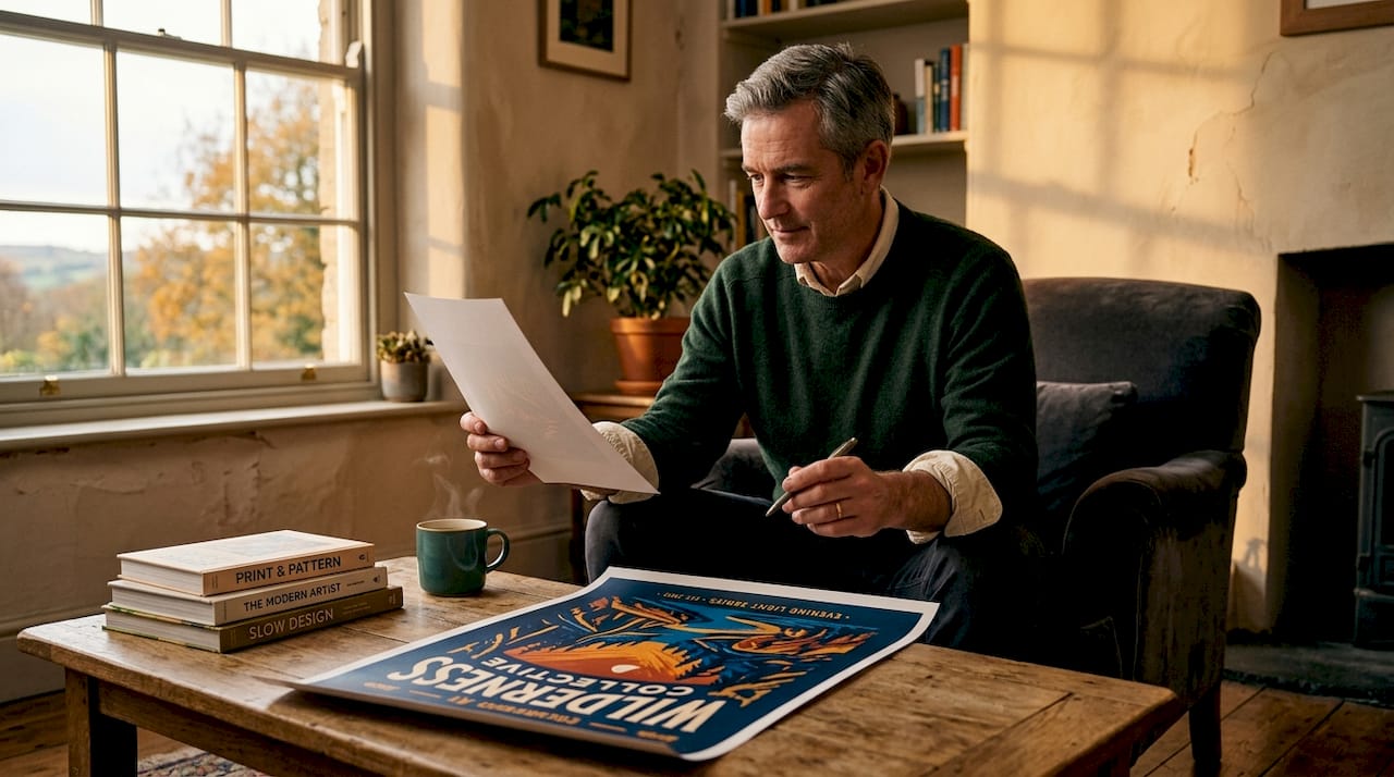 Man comparing print to on-screen poster