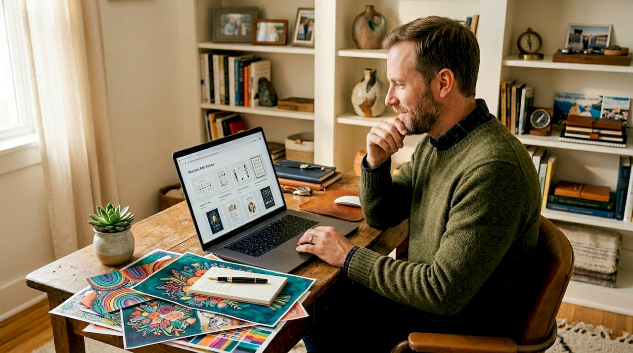 Man selecting milestone print design on laptop