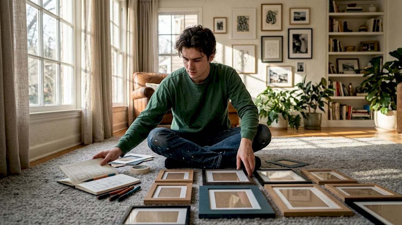 Man arranging frames on floor for gallery