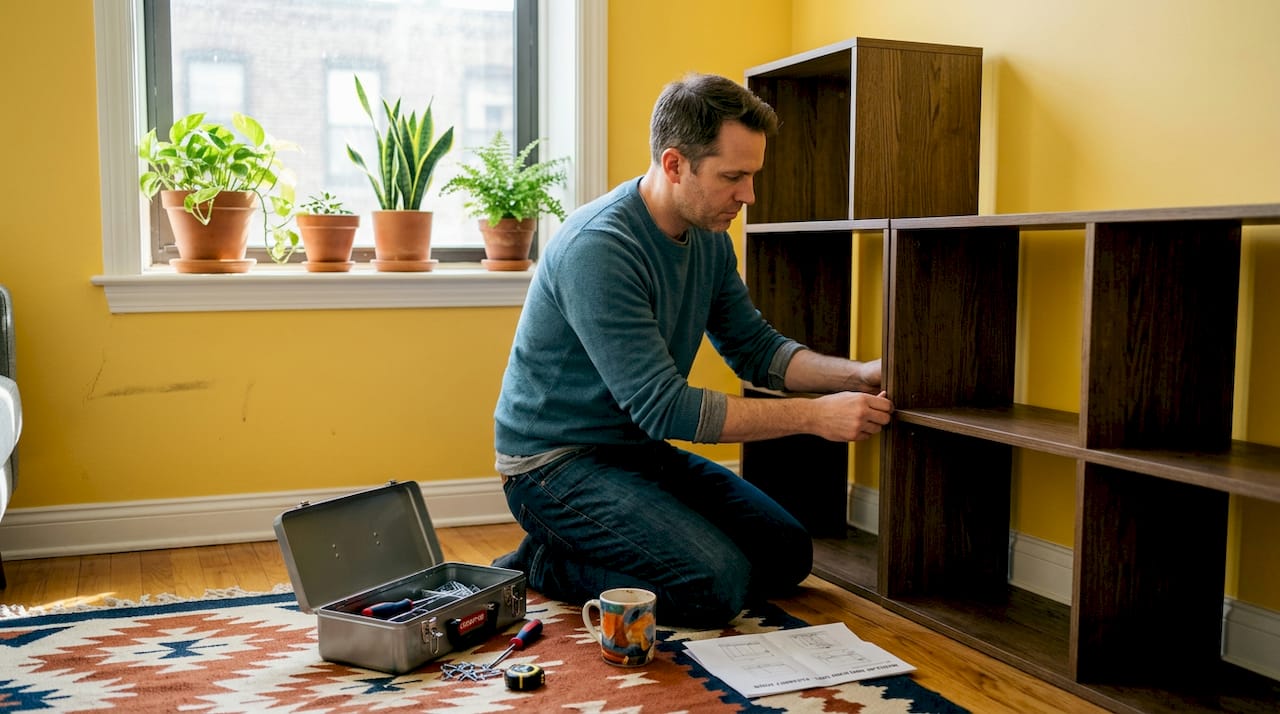 Man assembling custom bookshelf in apartment