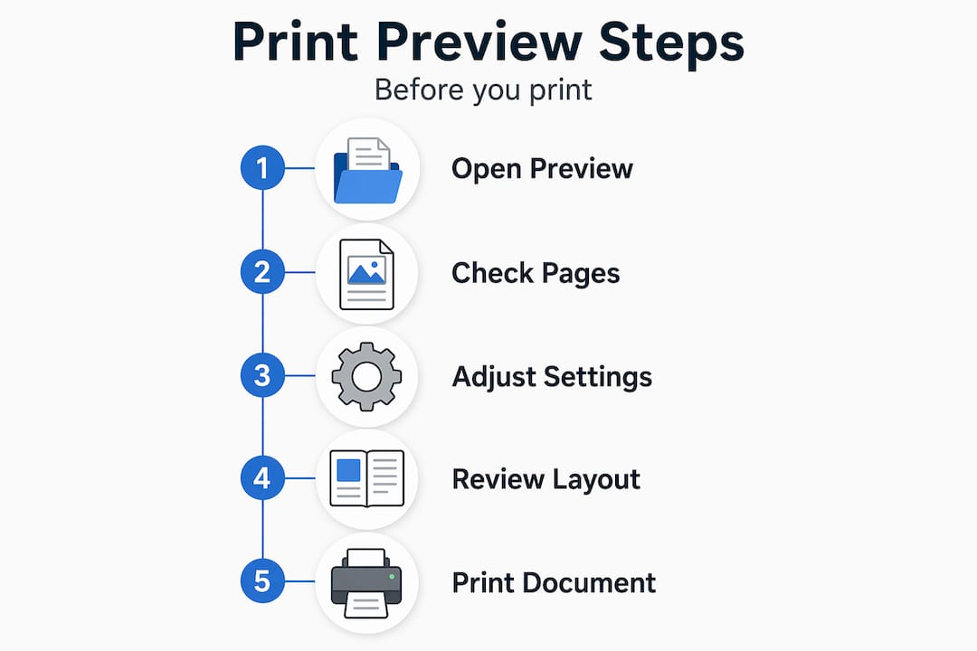 Infographic showing five key steps for print preview