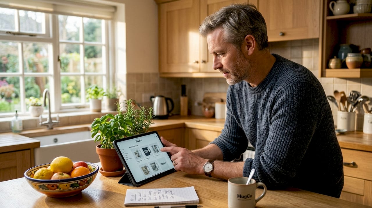 Man browsing personalized gift ideas in kitchen