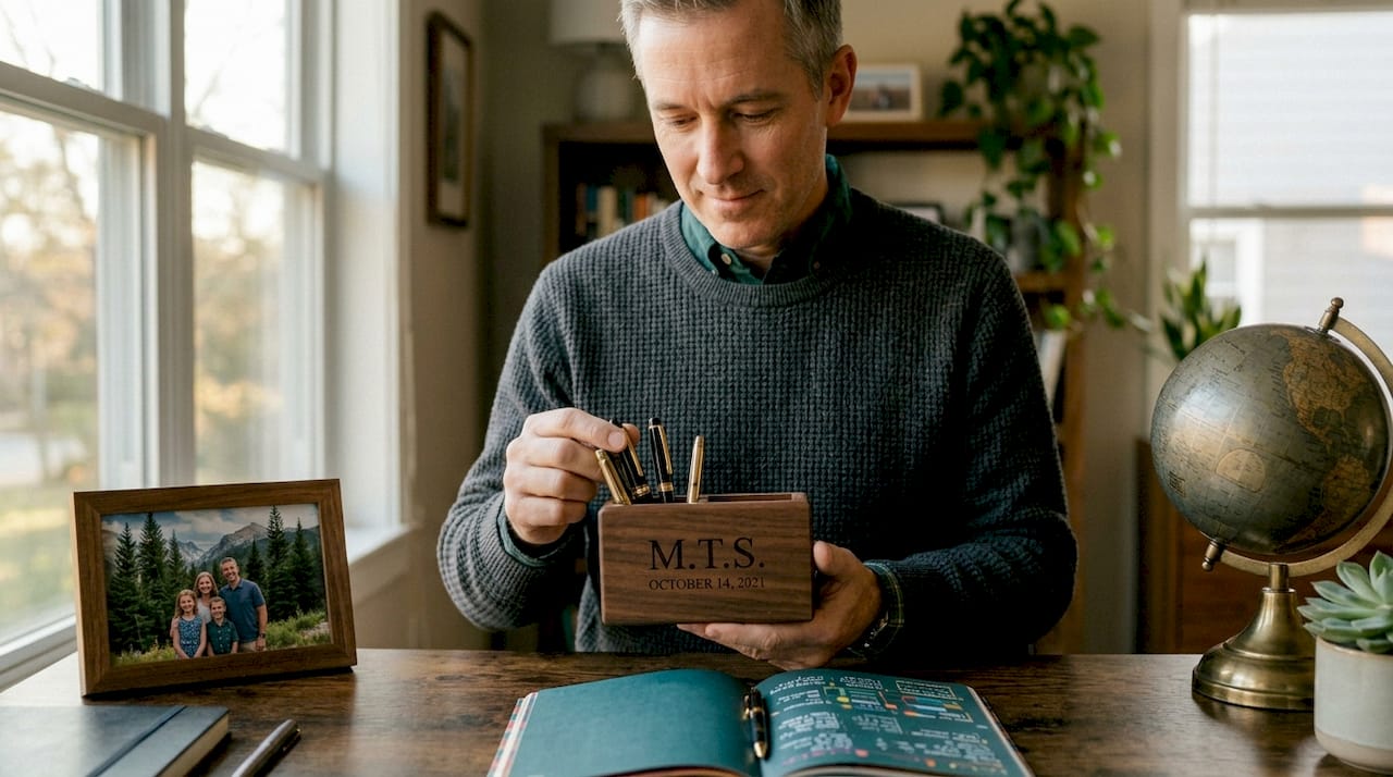 Man appreciating a custom gift at home desk
