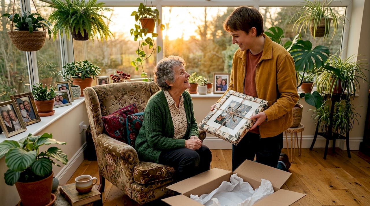 Gift exchange of framed milestone print on sofa