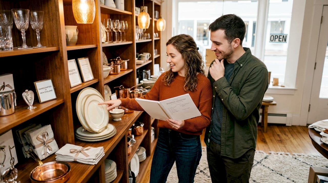 Couple selecting wedding gifts from registry
