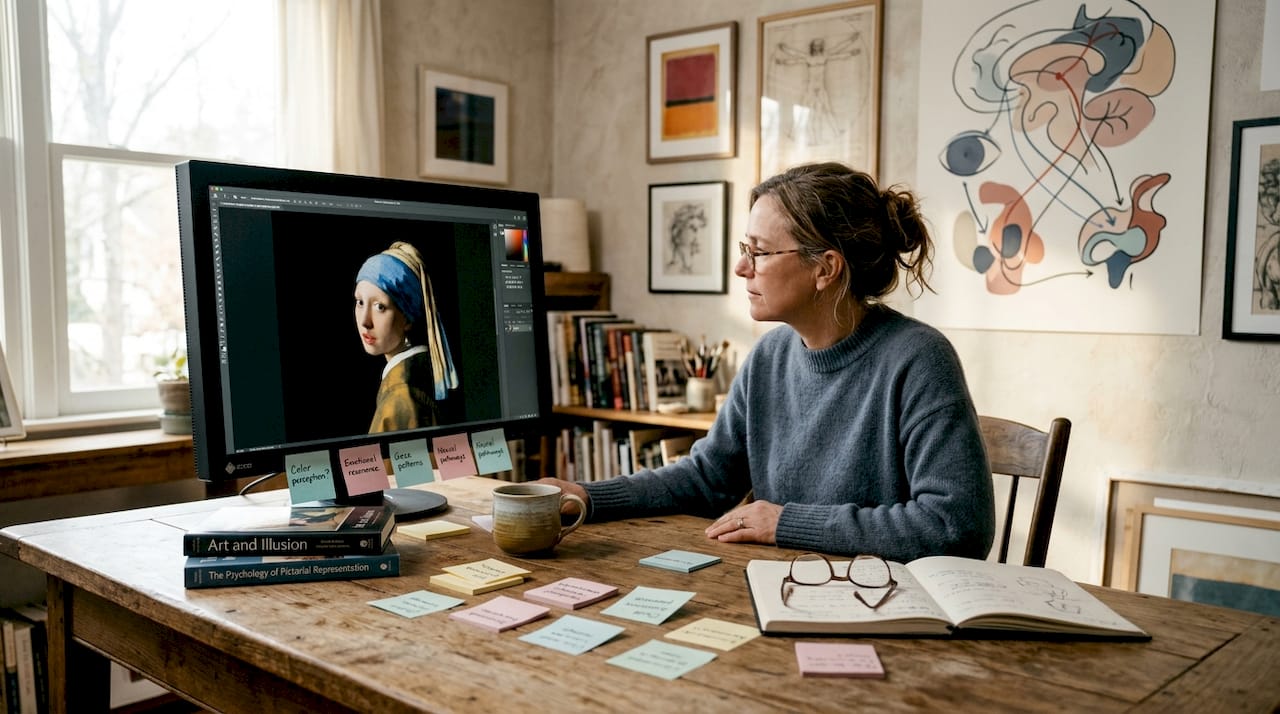 Desk with art and brain study materials