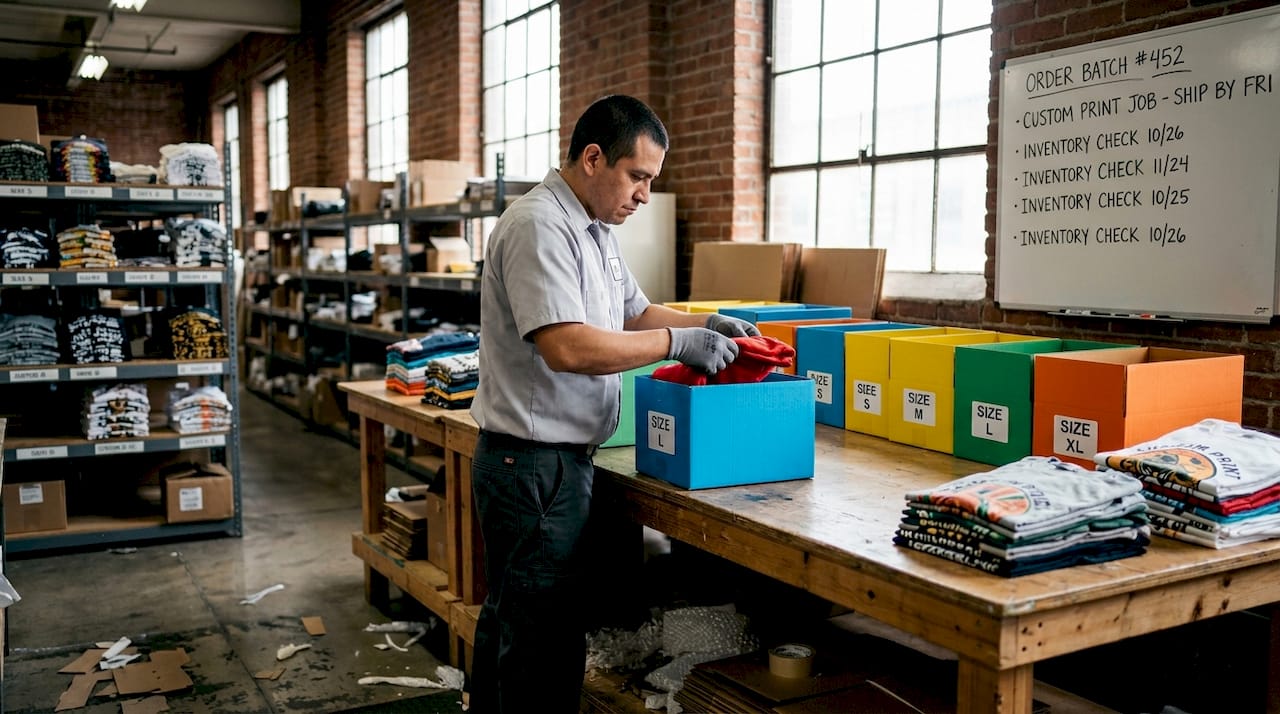Worker sorting print-on-demand products in warehouse