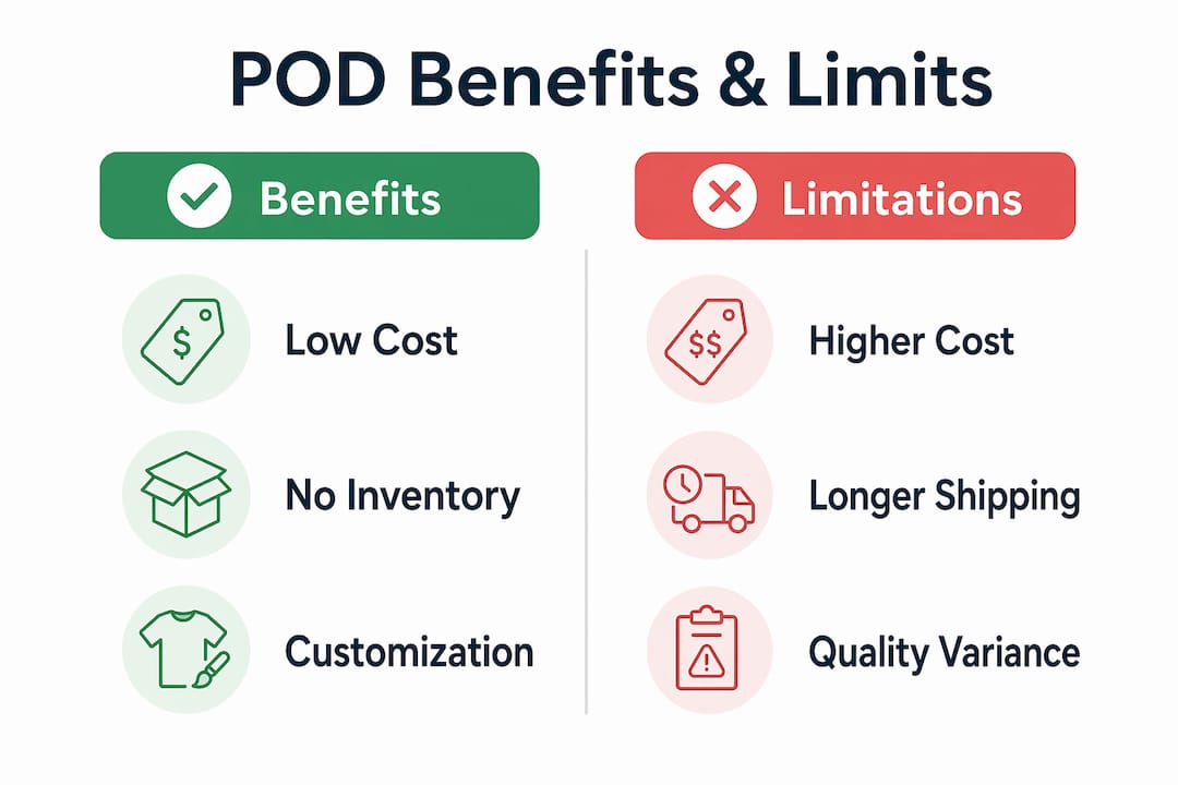 Infographic comparing benefits and limitations of print-on-demand