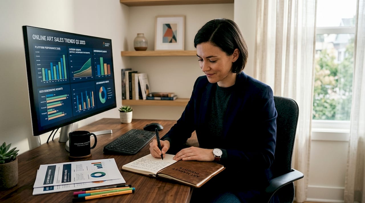 Analyst reviewing e-commerce art market charts