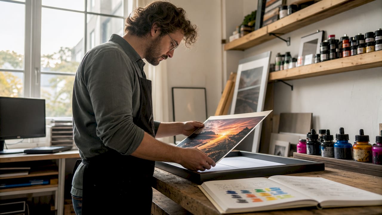 Craftsman inspecting archival anniversary print
