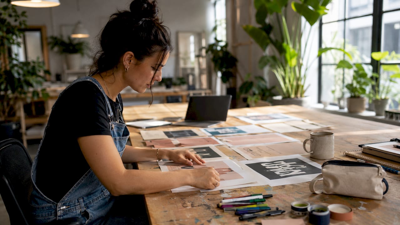 Hands adjusting lyric poster typography layouts