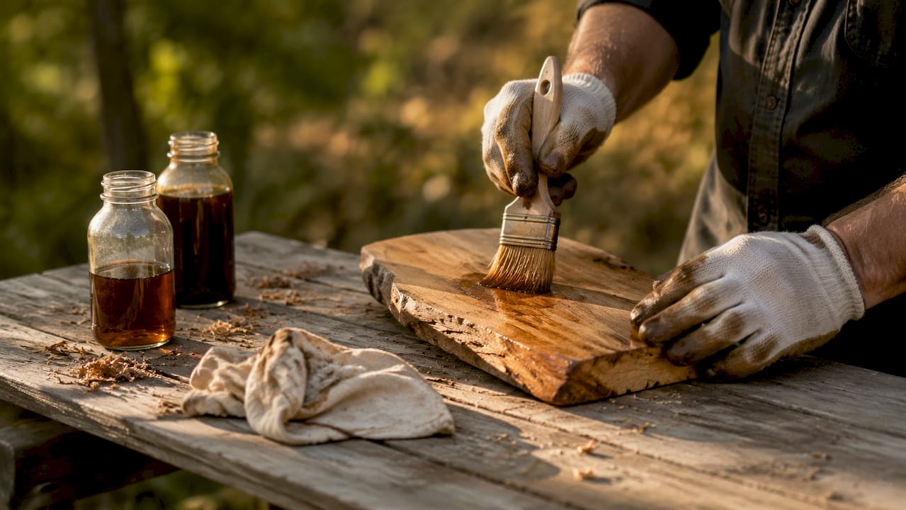 Close-up hands applying natural finish to wood