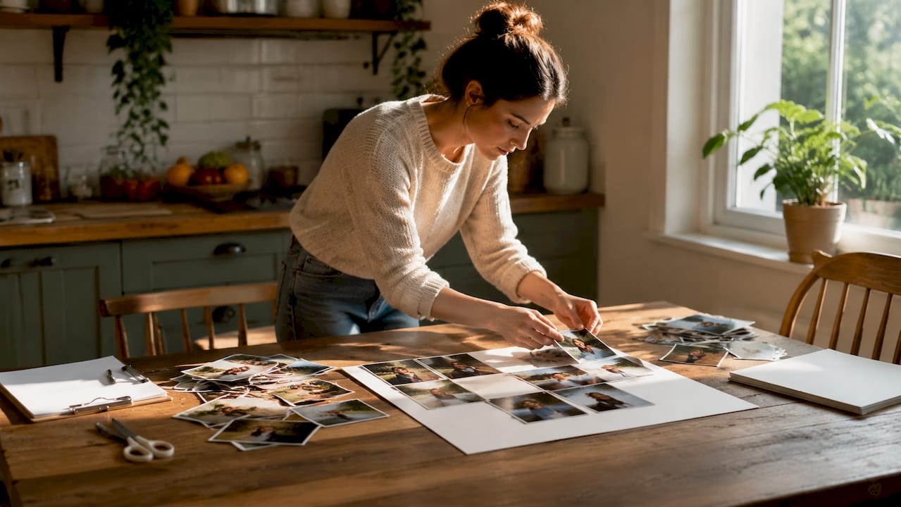 Hands cutting photos on workspace with tools