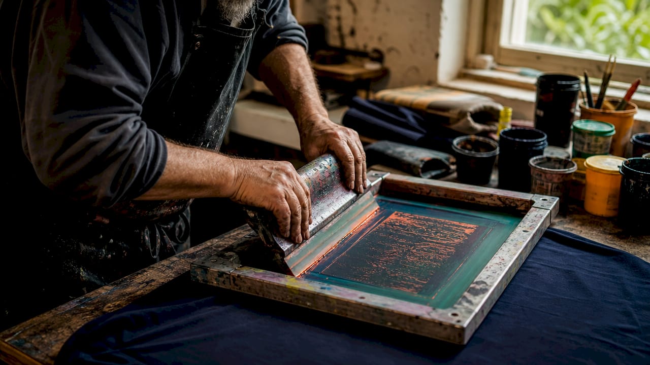 Hands performing screen printing on fabric
