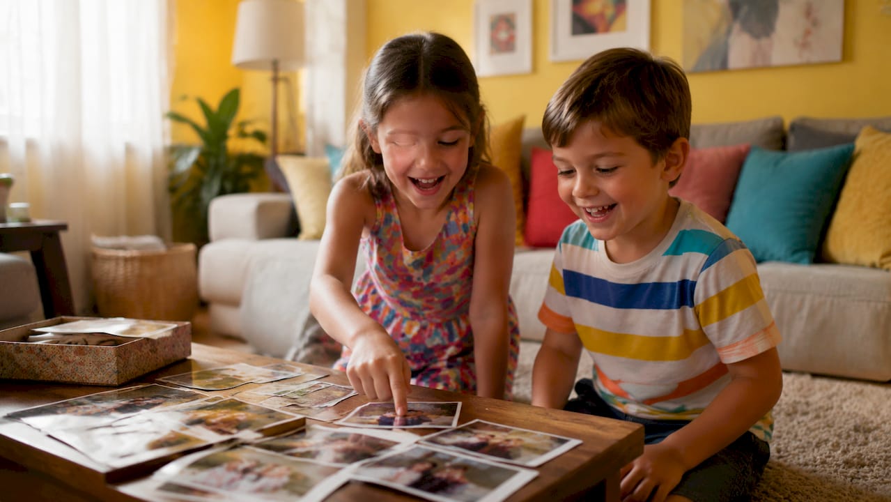 Children looking at family milestone photo wall