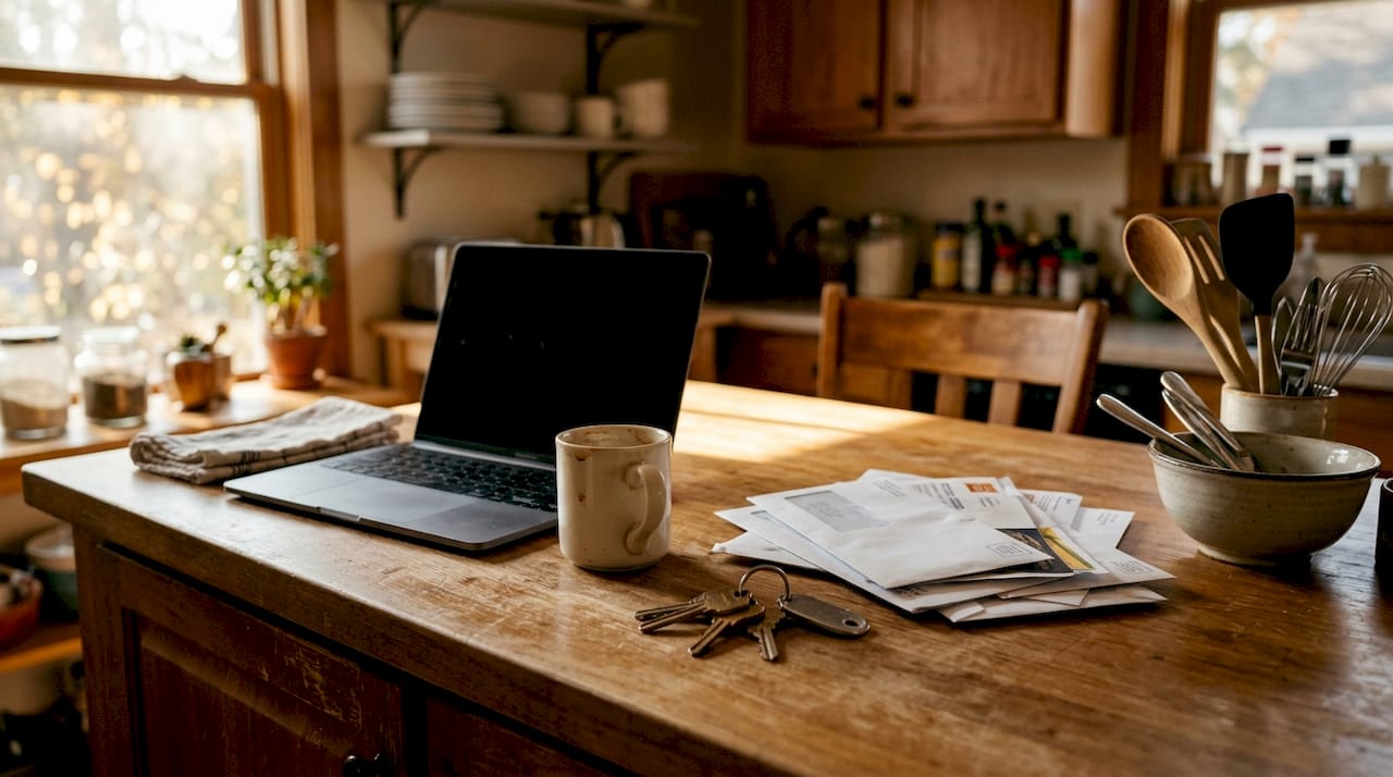 Overhead view of daily home clutter and objects