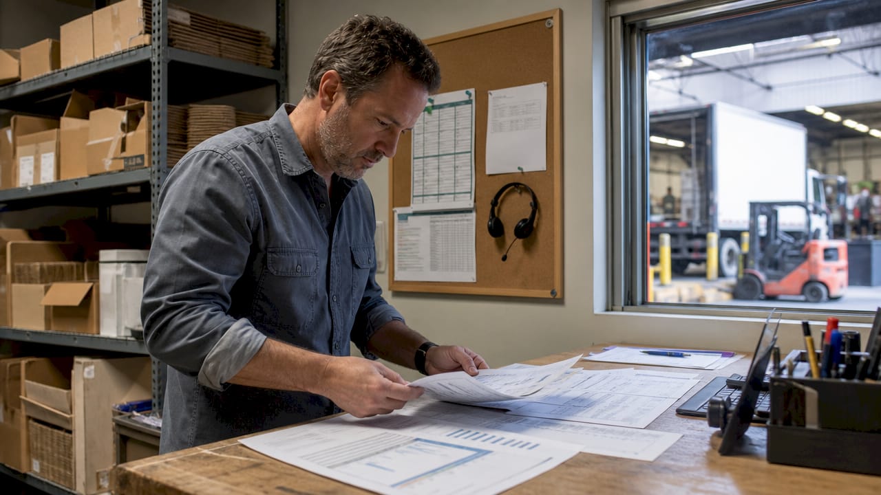 Retail manager reviewing shipping cost paperwork