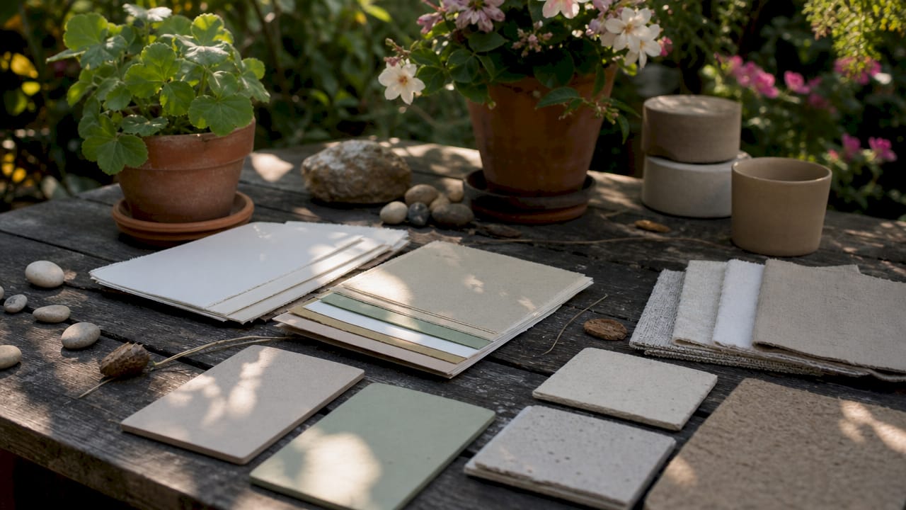Assortment of sustainable print materials and inks overhead