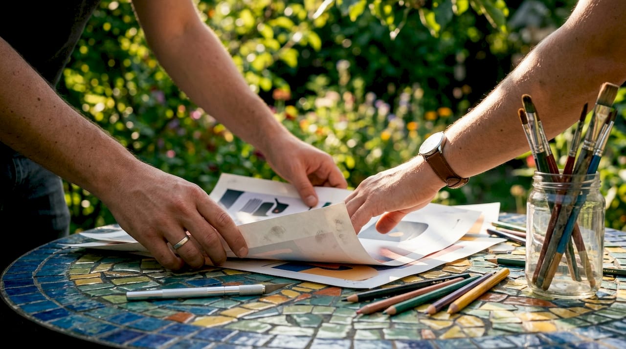 Hands arranging printed poster design samples