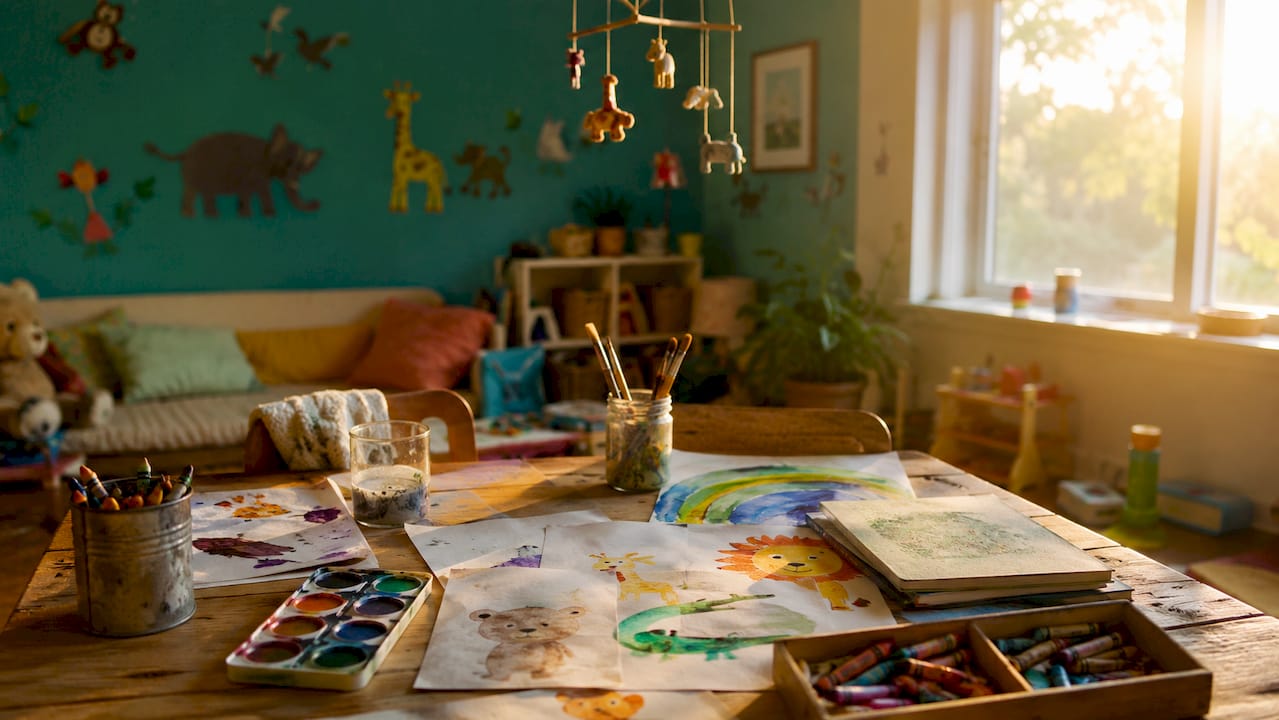 Overhead view of personalized kids room wall art materials