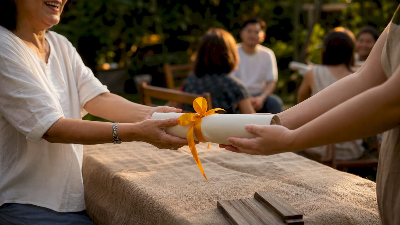 Close-up of hands receiving custom event gift