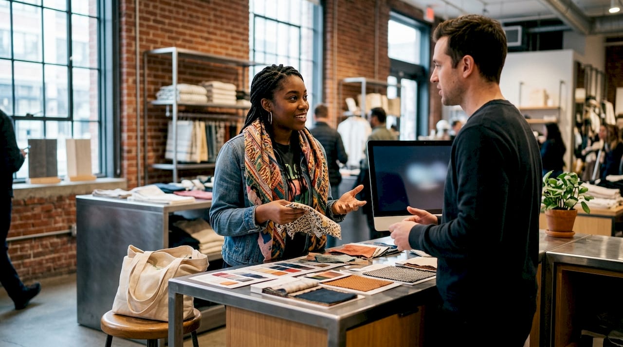 Man discussing personalized products in retail store