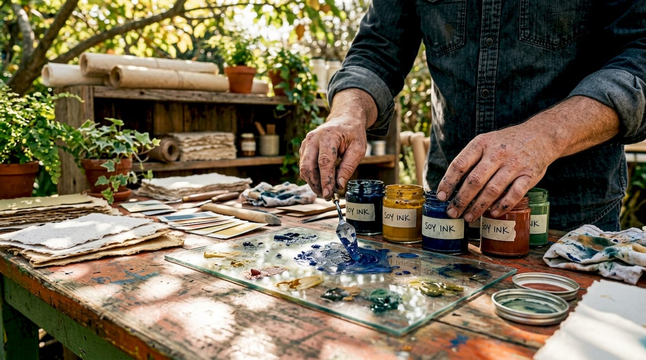 Hands mixing soy-based inks on desk