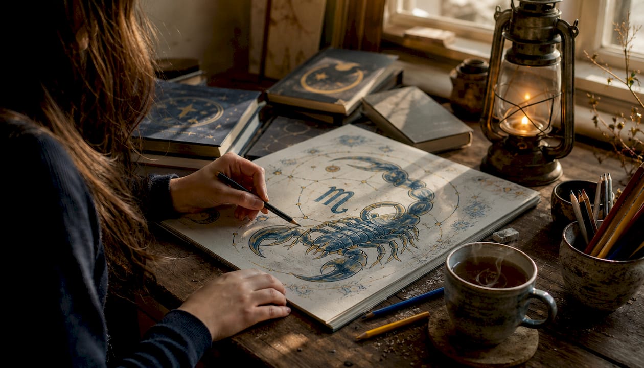 Hands sketching zodiac sign artwork