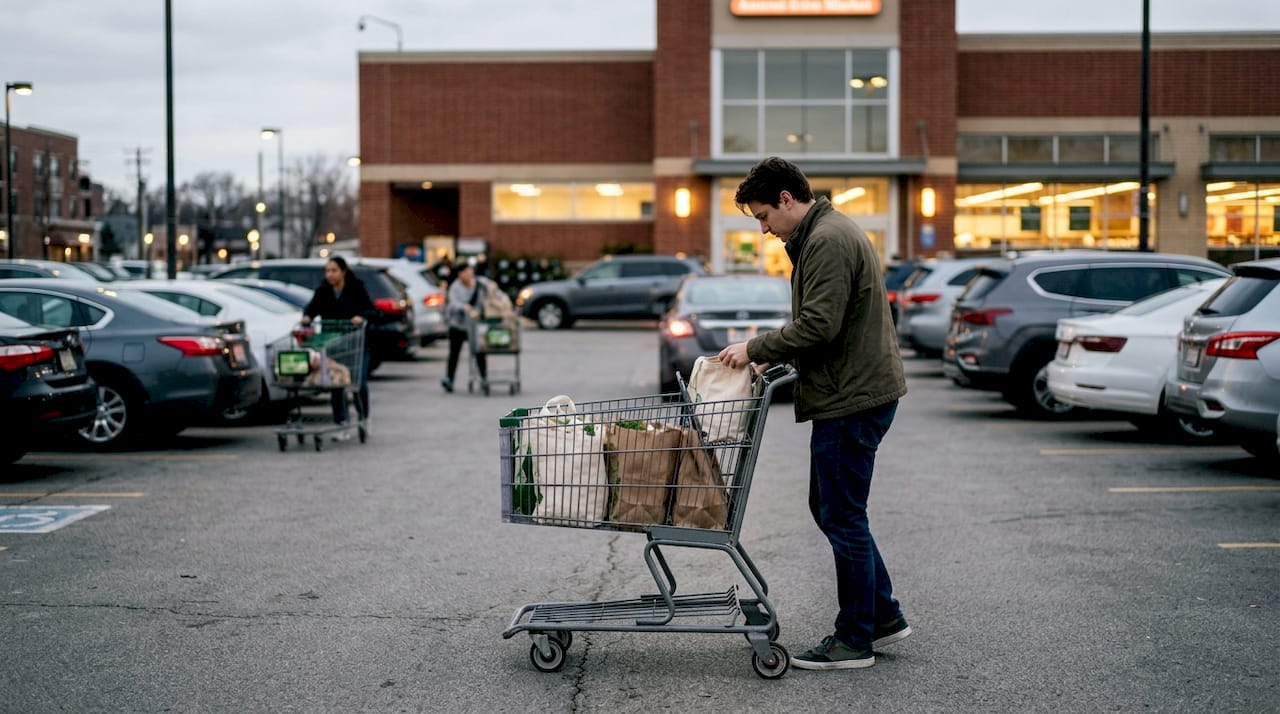 Hands pushing shopping cart outdoors