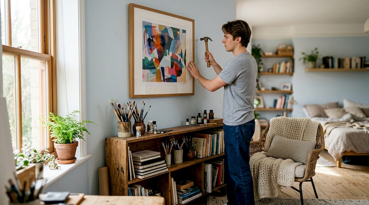 Man hanging large frame anchor piece