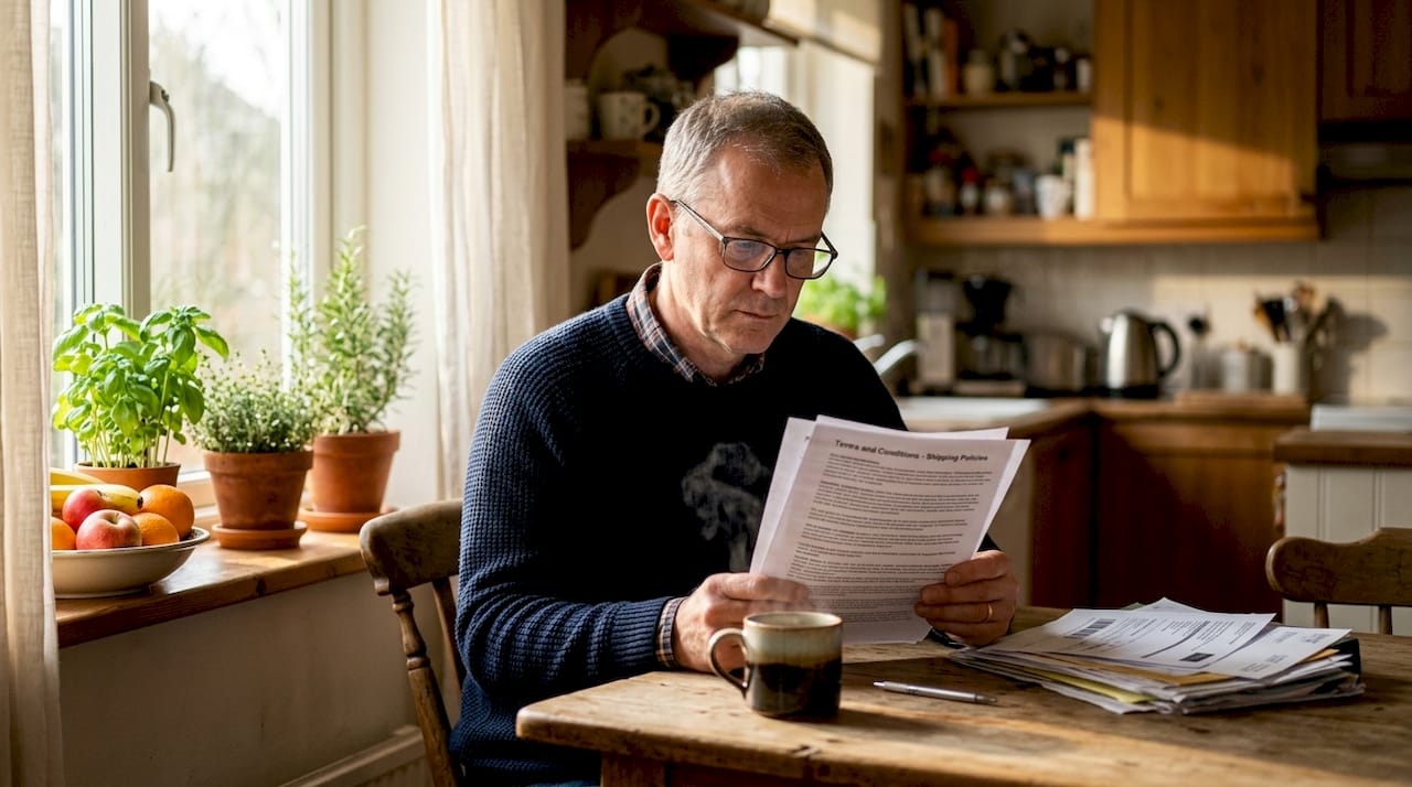 Man reading free shipping policy document